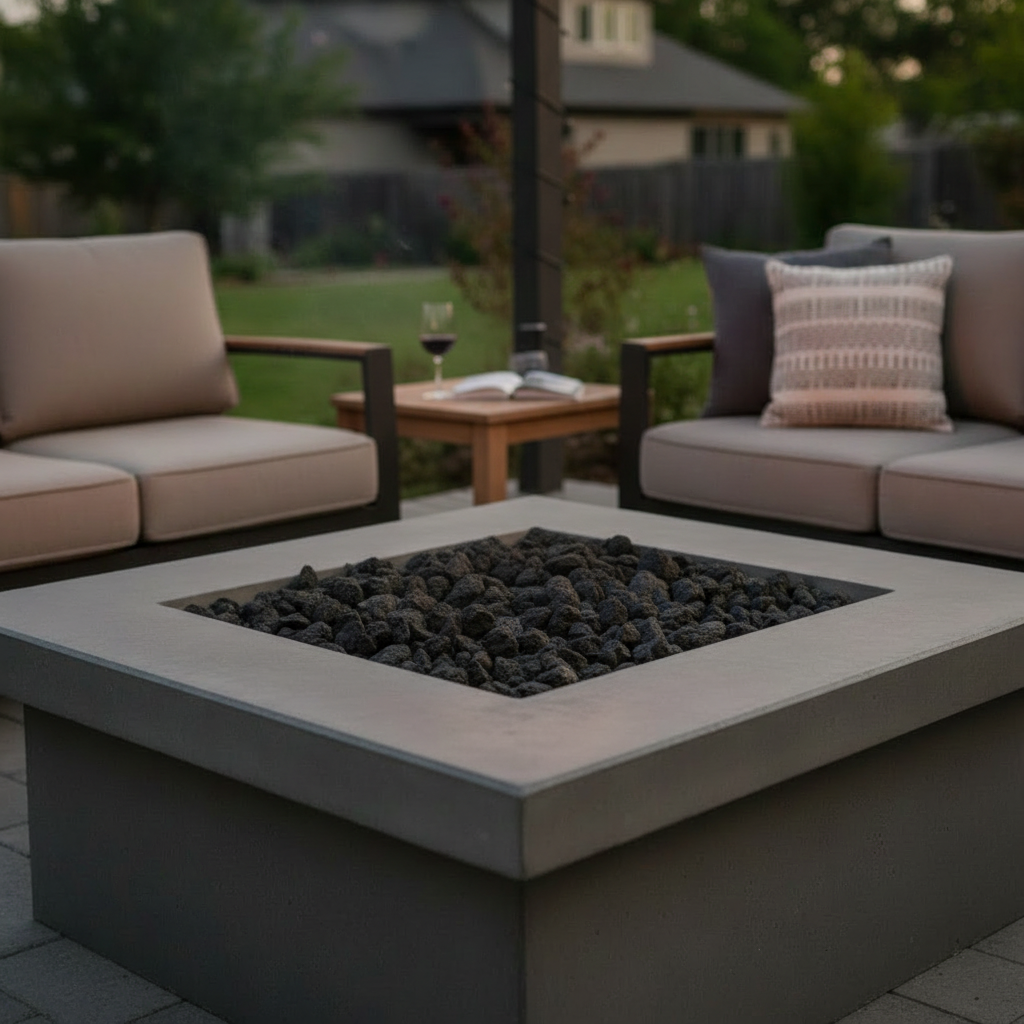 Black lava rock in outdoor fire pit