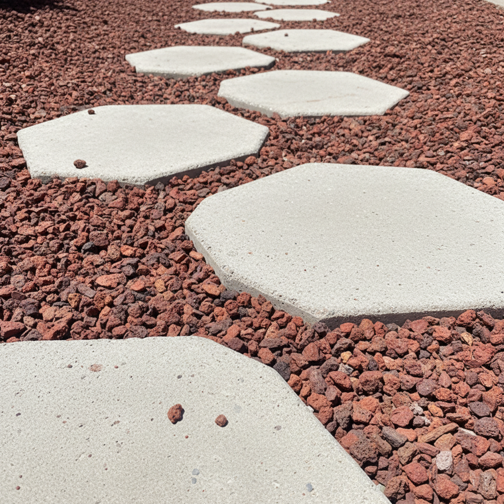 Red lava rock close-up as garden pathway between stepping stones