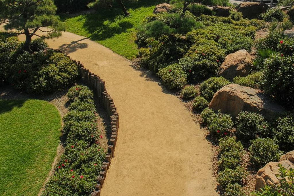 Gold path fines winding garden pathway with wooden edging