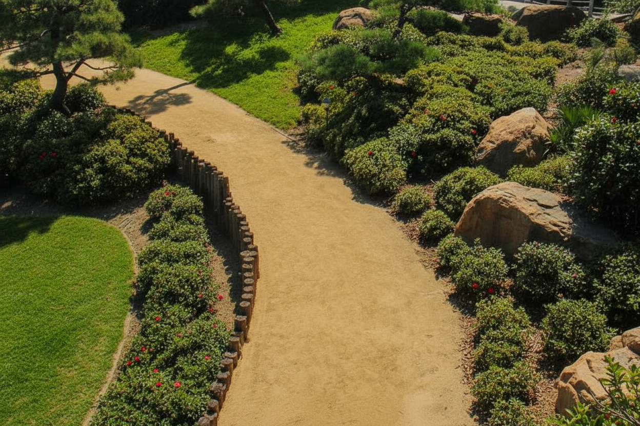 Gold path fines winding garden pathway with wooden edging