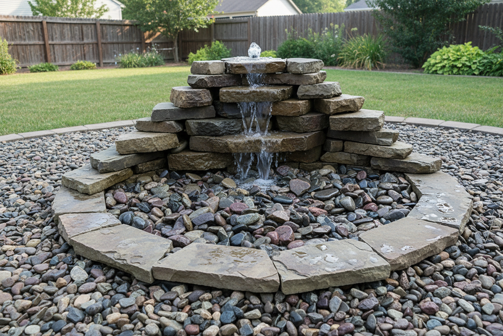 River rocks used around a backyard garden fountain