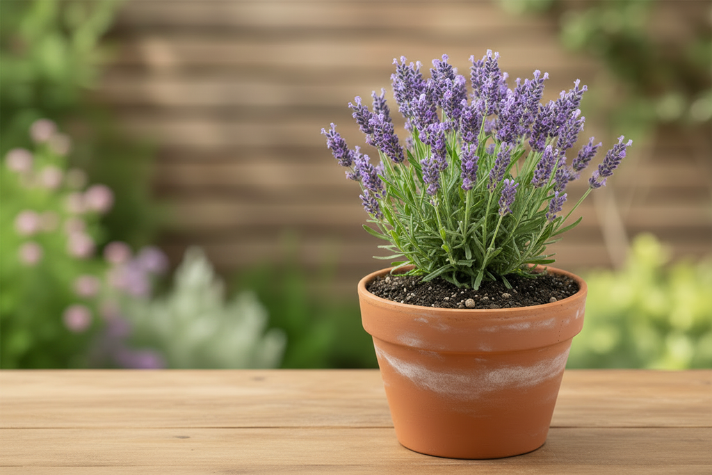 Terracotta pot with lavender plant and rich potting soil on a warm wood surface