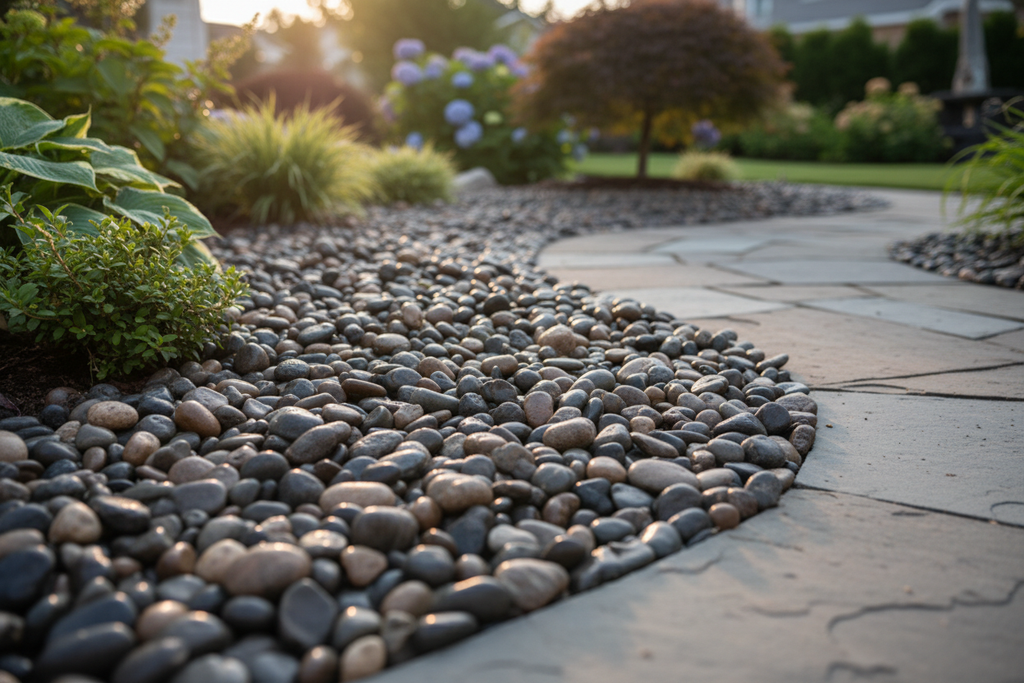 Decorative cobblestones used as ground cover in a landscaped garden