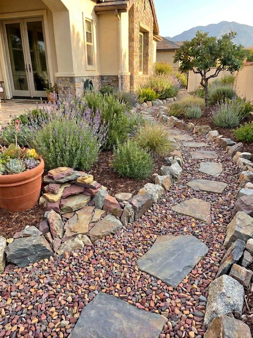 Brown lava rock used in a landscaped garden pathway